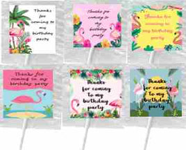 Flamingo themed party lollipops, girls personalised birthday favours