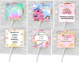 Princess themed party lollipops, girls personalised birthday favours