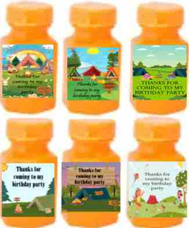 Camping themed party bubbles unisex personalised birthday favours
