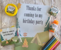 Camping themed party lollipops unisex personalised birthday favours